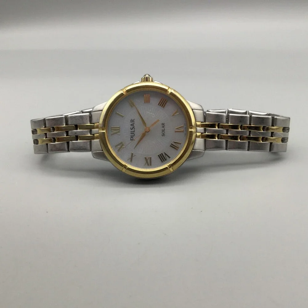Pulsar Solar Womens Watch 31mm White Dial Two Tone Stainless Bracelet 7.25